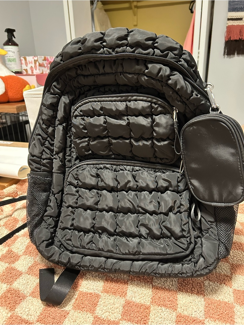 Black Quilted  Backpack with Front Pockets